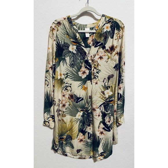 H and M Tunic Dress Womens 12 Tropical Floral Butterfly Long Sleeve Boho Flowy - Picture 1 of 6